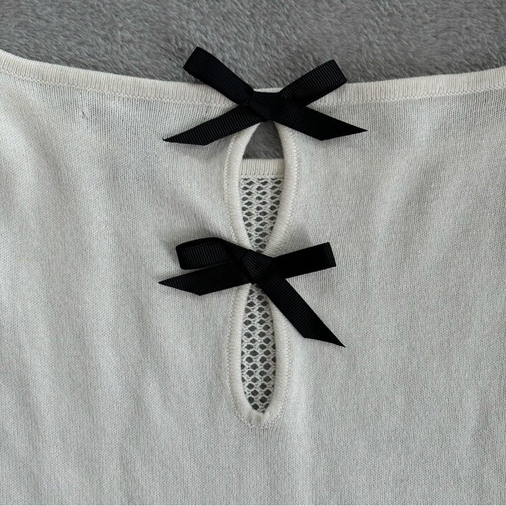 MNG Basics Women Medium Sweater Bows Keyhole Cable Off White Black Cotton Wool - Picture 5 of 13
